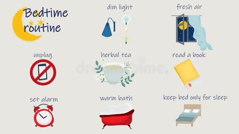 Bedtime Routine for Better Sleep. Vector Illustration of Tips To Improve Night Rest and Health Stock Vector - Illustration of care, lighting: 156345956