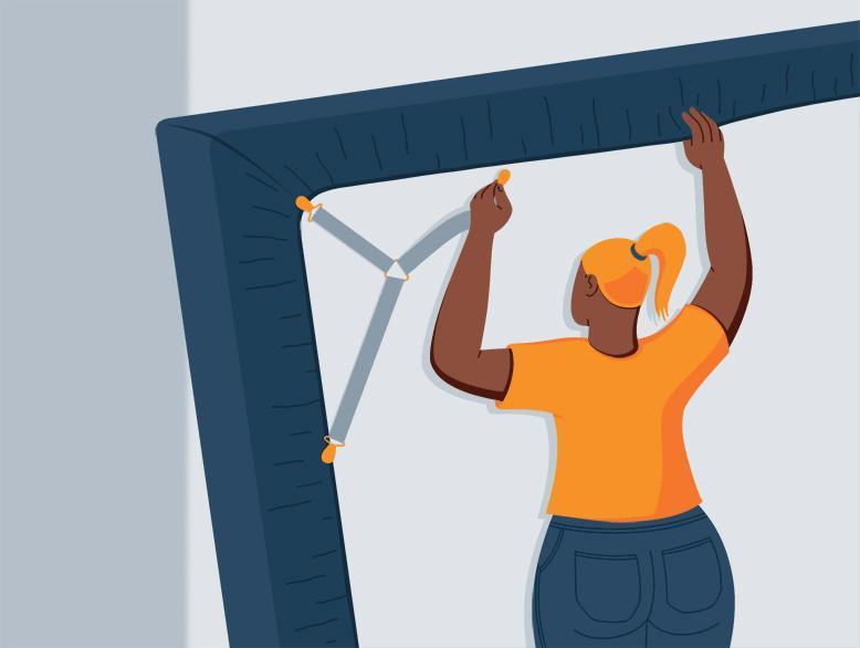 Illustration of a girl setting up the bed sheets under the bed