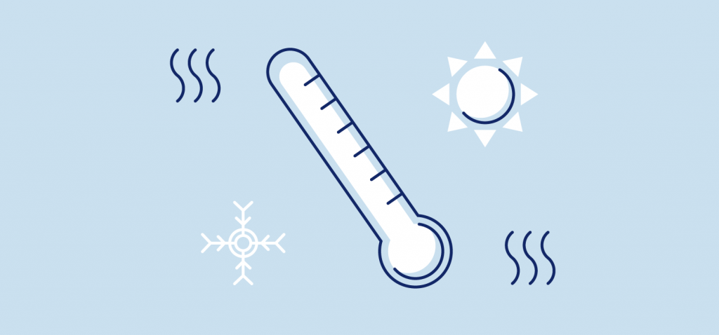 Thermometer with snowflakes and suns around it. Illustration. The temperature on most plans can swing 50 degrees, making it important to wear light, easily-removable layers.