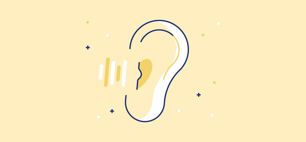 An ear with soundwaves moving toward it. Illustration. Listening to pink noise can decrease the time it takes to fall to sleep by 38%.