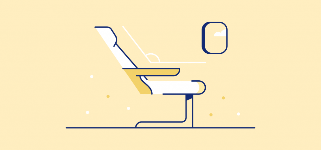 A reclined airplane seat. Illustration. Reclining at 135 degrees is considered the safest, most comfortable angle for sleeping on a plane