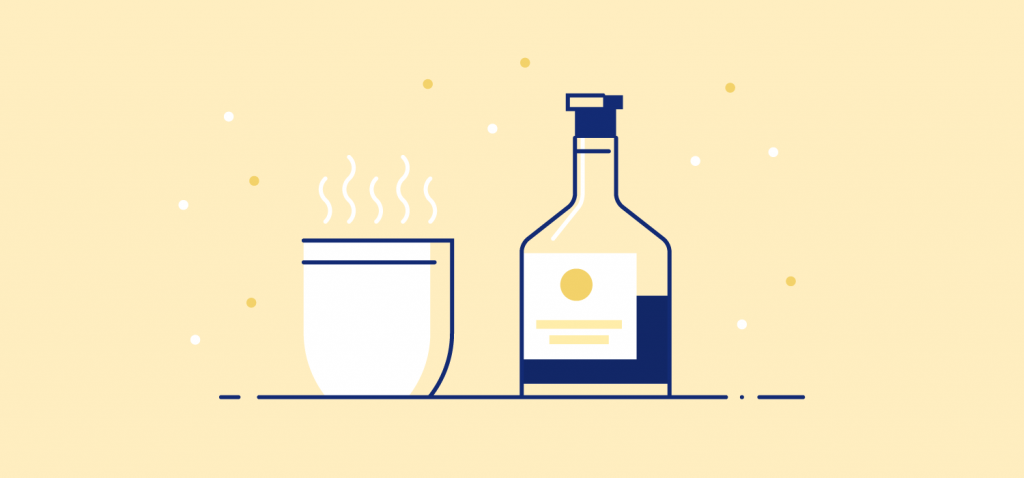 A warm cup of coffee next to a bottle of dark liquor. Illustration. Avoid drinking caffeine as it can stay in your body for up to 14 hours and prevent you from falling asleep. Alcohol can also prevent deep sleep.
