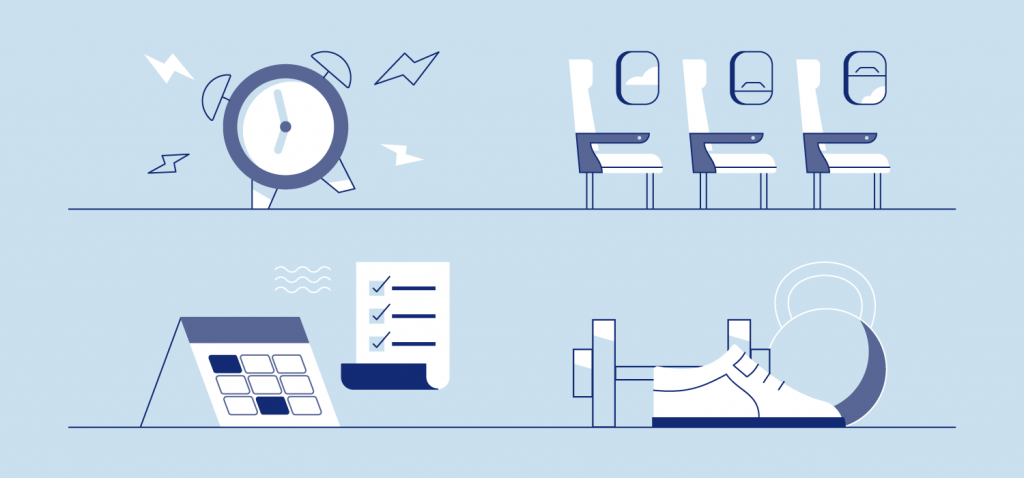 An alarm clock, checklists, and airplane seats. Illustration.