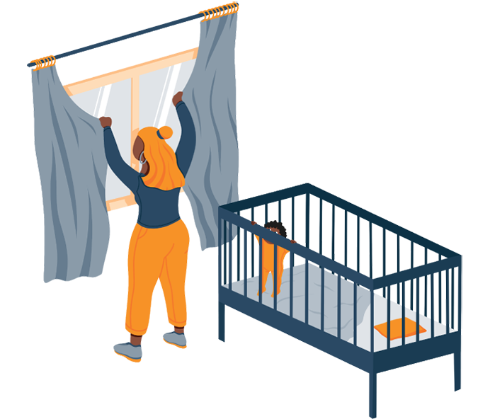 Woman Putting up Curtains in the Nursery Illustration
