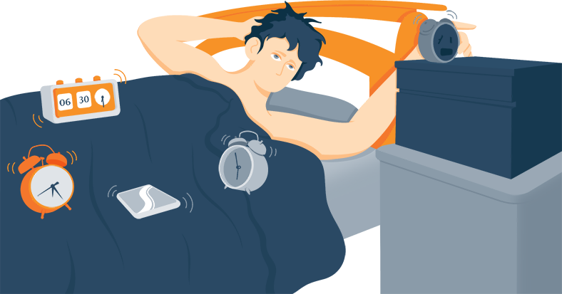 Deep Sleeper Trying to Wake Up With a Few Alarm Clocks Around Him Illustration