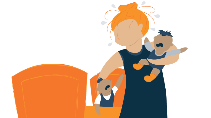 illustration of a flustered woman taking care of two kids