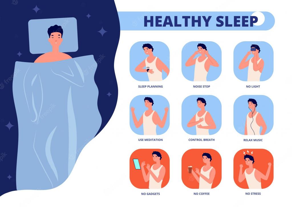 Premium Vector | Healthy sleep. tips for well sleeping, infographic of good night relaxation. bedtime rules or tips, man in bed insomnia vector illustration. tips recommendation better sleep and dream, no stress